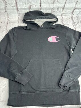Champion Black Hoodie with Pink Logo